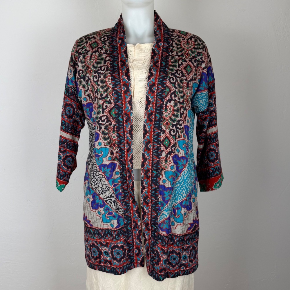 Soft Surroundings Paisley Quilted Open Front Cardigan Blue Red Size S 2CM32